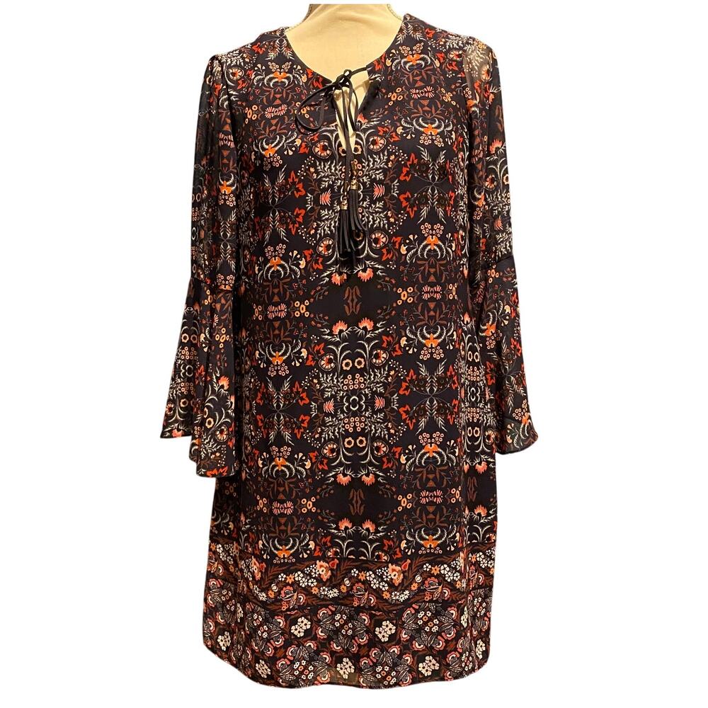 Vince Camuto Size 10 Long Sleeve Dress Navy Print Lightweight Pretty Fall Boho